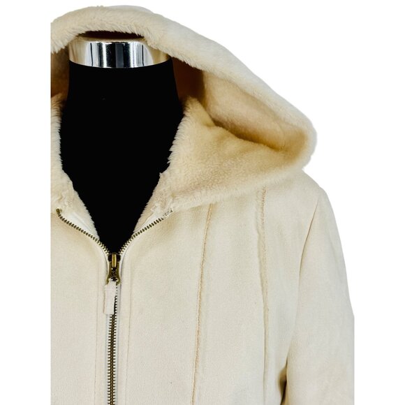 Vtg Y2K Hydraulic Hooded Cream Faux Suede & Fur Lined Penny Lane Coat | Boho Lg - Picture 4 of 16